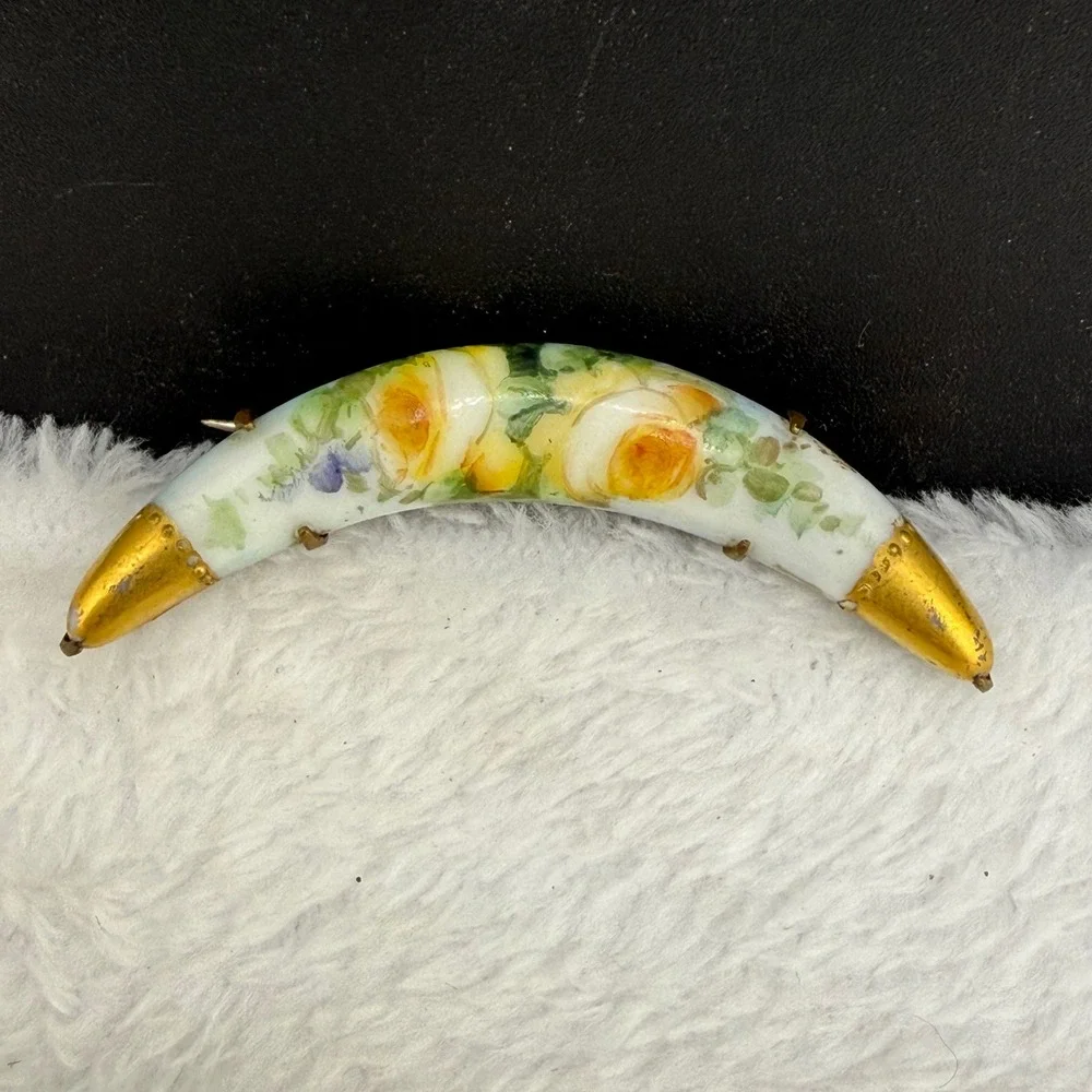 Vintage Victorian Hand Painted Porcelain Brooch Crescent Moon Yellow Rose Floral